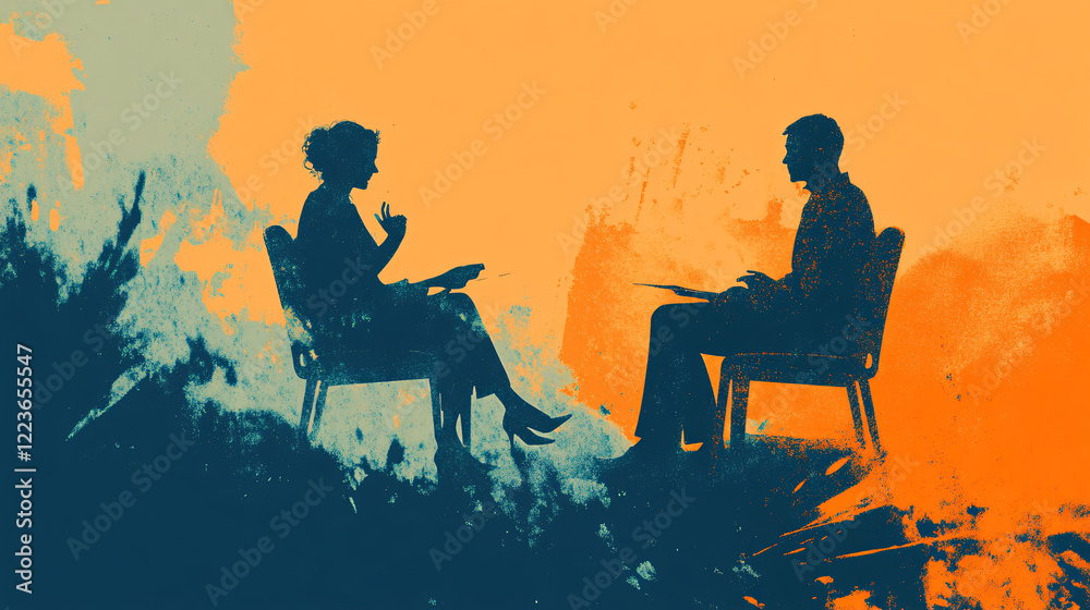 two silhouettes facing each other in conversation against a painted abstract background in orange and blue
two silhouettes facing each other in conversation against a painted abstract background in orange and blue