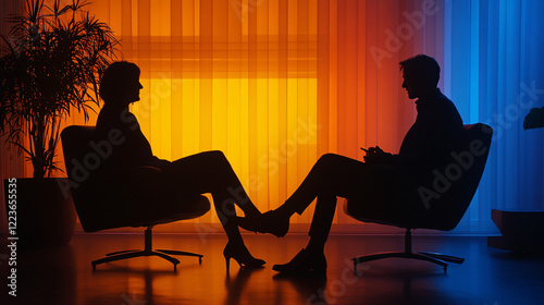 silhouettes of a man and woman conversing in a modern setting with warm orange and cool blue lighting  

