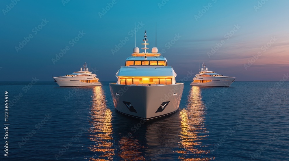 Fototapeta premium A stunning sunset scene featuring luxurious yachts illuminated on calm waters, creating a serene and opulent atmosphere.