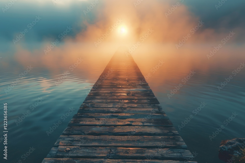 Tranquil Wooden Pier Extending Over Still Lake Creates Serene Setting Perfect for Relaxation and Reflection Tranquil Wooden Pier Extending Over Still Lake Creates Serene Setting Perfect for Relaxation and Reflection
