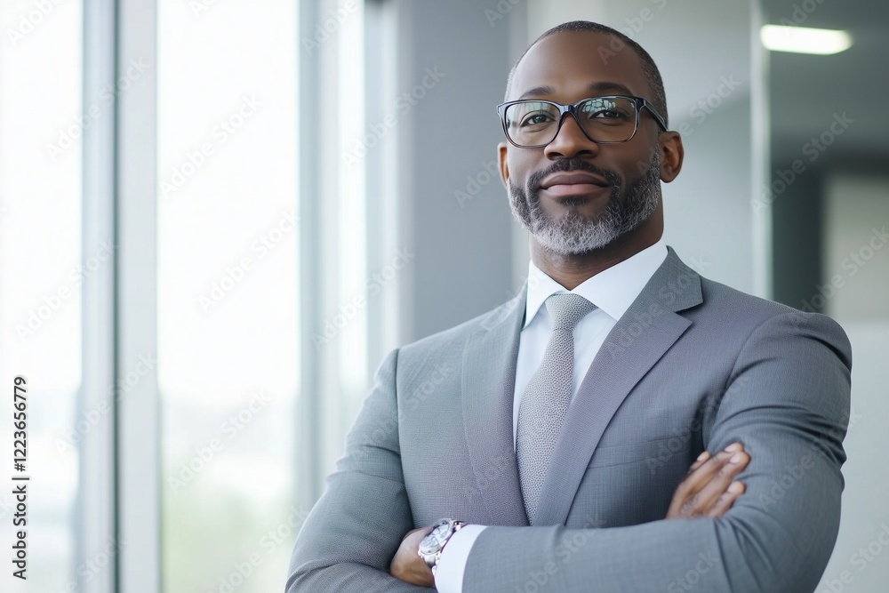 Black man wearing a gray suit standing in a gray office, professional expression Black man wearing a gray suit standing in a gray office, professional expression