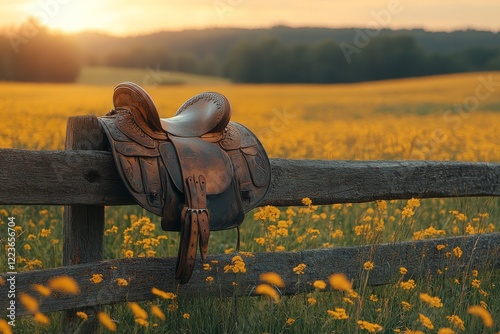 A Weathered Saddle Rests on a Wooden Fence in Desolation, Symbolizing Forgotten Journeys and Enduring Memories of Equestrian Adventures photo