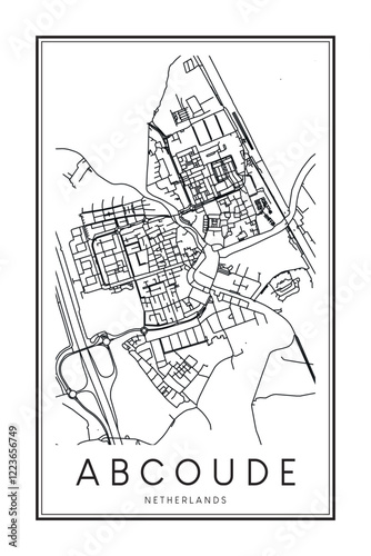 Printable downtown road map poster of the Dutch city of ABCOUDE on solid white background with city name photo