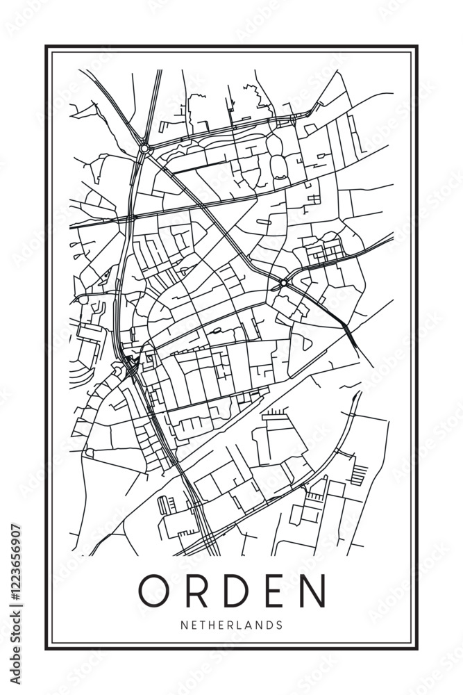Printable downtown road map poster of the Dutch city of ORDEN on solid white background with city name