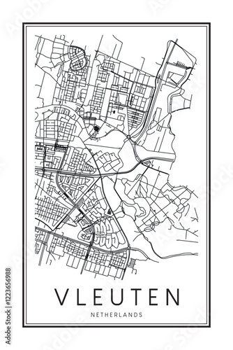 Printable downtown road map poster of the Dutch city of VLEUTEN on solid white background with city name photo