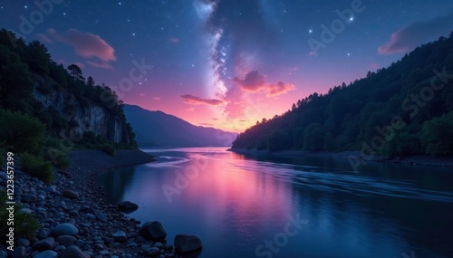 Shimmering river waters illuminated by star trails above Chusovaya River in the evening landscape, Cliff, Star Trails photo