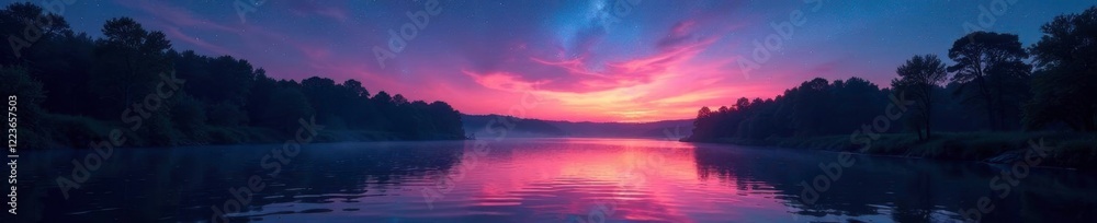 Shimmering river waters illuminated by star trails above Chusovaya River in the evening landscape, Reflections, Star Trails, Aurora Borealis Shimmering river waters illuminated by star trails above Chusovaya River in the evening landscape, Reflections, Star Trails, Aurora Borealis