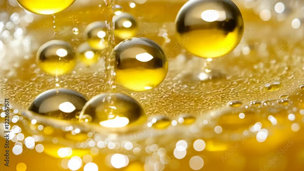 Bubbles and droplets suspended in golden oil create an eye-catching visual of texture and depth in a vibrant setting