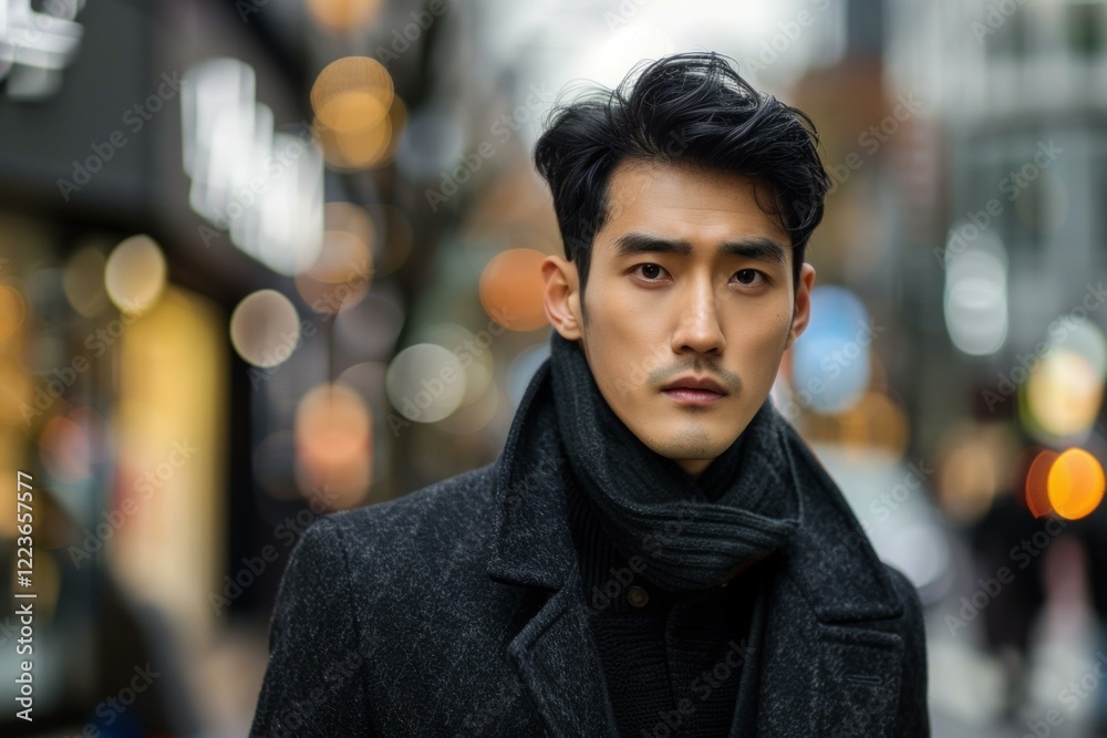 Fototapeta premium Portrait of a confident businessman wearing a winter coat and scarf in an urban setting