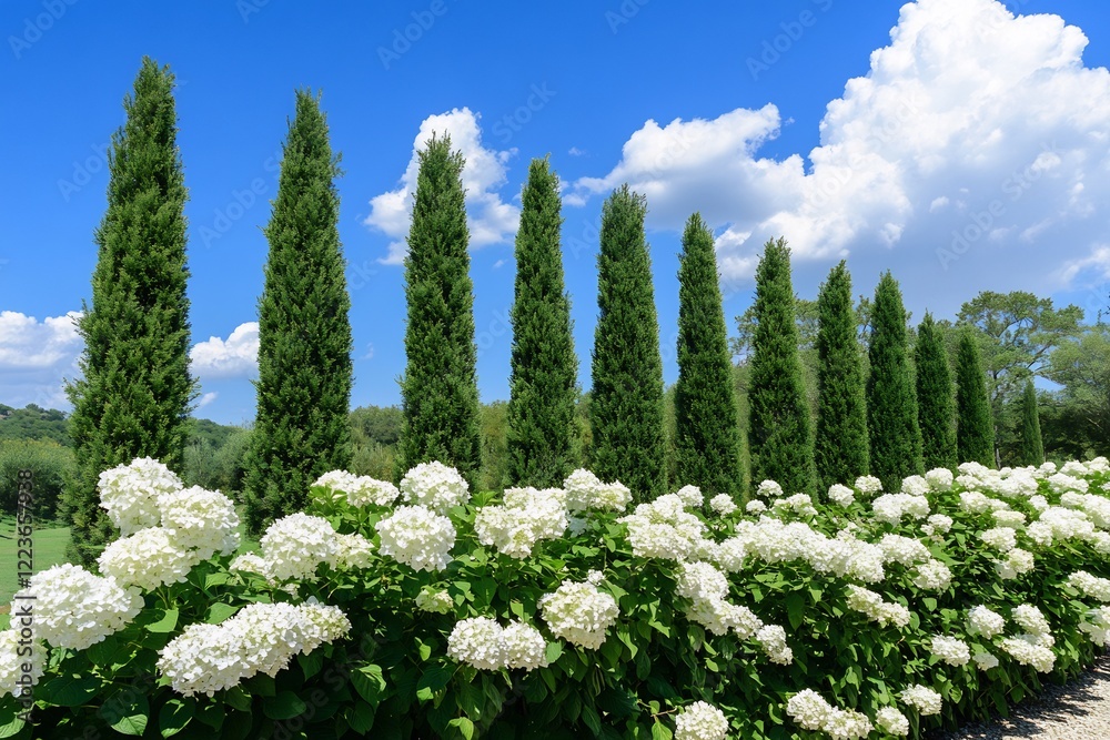 Cypress trees, white hydrangeas, sunny garden Cypress trees, white hydrangeas, sunny garden