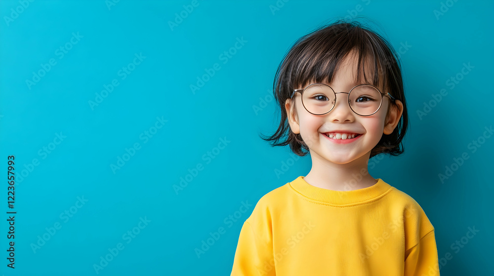 Portrait of a Smiling Child with Glasses Against Solid Blue Background Portrait of a Smiling Child with Glasses Against Solid Blue Background