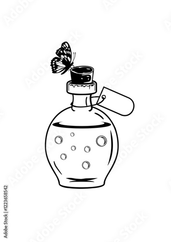 Outlined bottle with a tag and butterfly