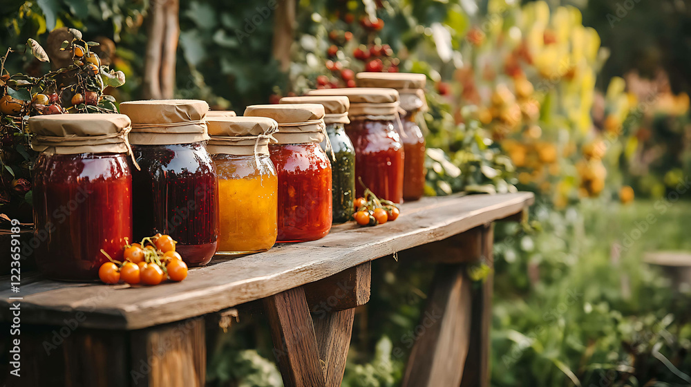 Rustic wooden table with jars of homemade preserves in a natural outdoor setting Rustic wooden table with jars of homemade preserves in a natural outdoor setting