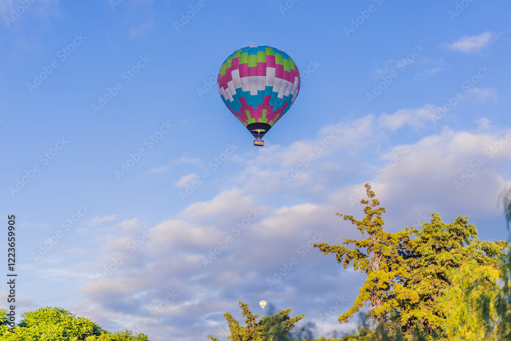 An aerial view of hot air balloons above the Teotihuacan pyramid. Adventure travel, cultural heritage, and aerial exploration concept An aerial view of hot air balloons above the Teotihuacan pyramid. Adventure travel, cultural heritage, and aerial exploration concept