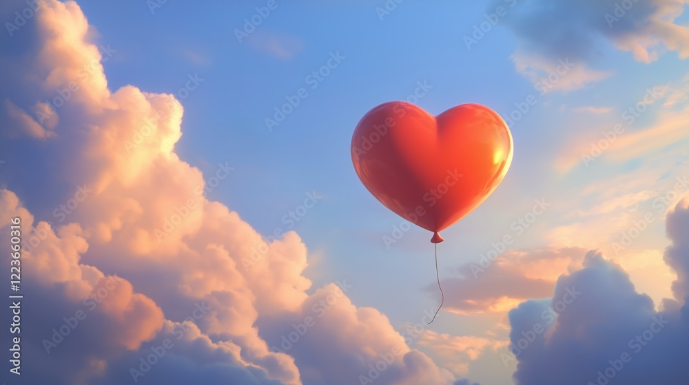 Obraz premium Heart-shaped balloon floats in the clear blue sky with fluffy clouds creating a joyful scene