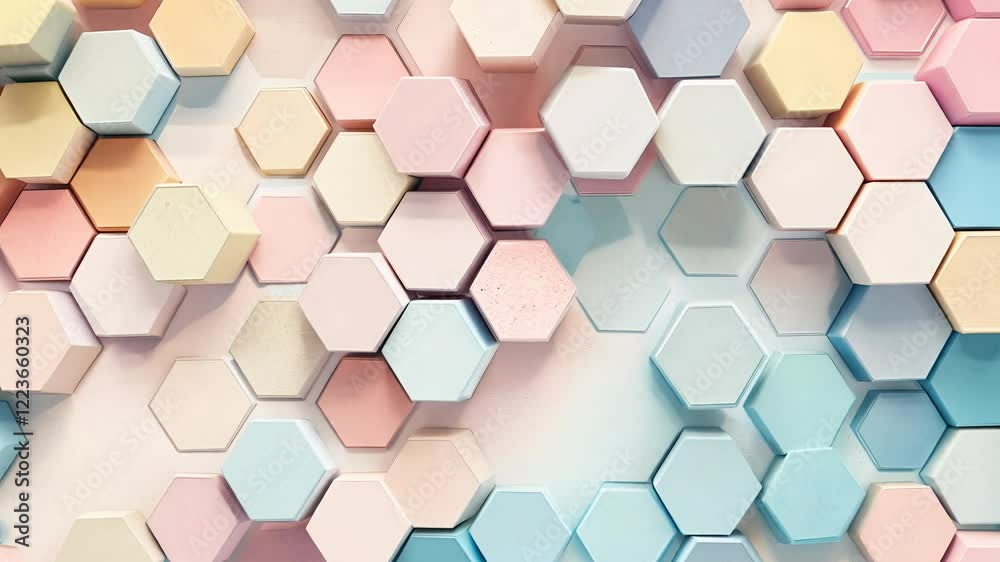 Pastel-colored hexagons in various shades of pink, blue, and beige create an abstract pattern. The hexagons overlap and vary in size, creating a Pastel-colored hexagons in various shades of pink, blue, and beige create an abstract pattern. The hexagons overlap and vary in size, creating a