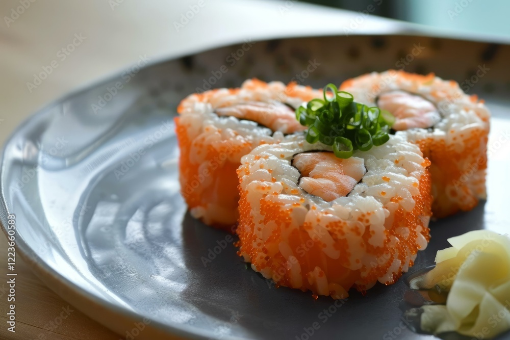 Sushi rolls with shrimp, rice, chives and tobiko served on a gray plate, showcasing japanese culinary excellence Sushi rolls with shrimp, rice, chives and tobiko served on a gray plate, showcasing japanese culinary excellence