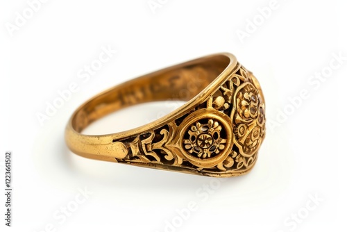 Intricately designed vintage gold ring with floral motifs resting elegantly on a white background, showcasing its timeless beauty and craftsmanship isolated on transparent background photo