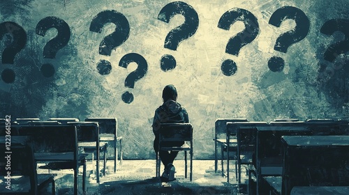 Student facing uncertainty during exam in empty hall with questions intense mood thoughtful perspective