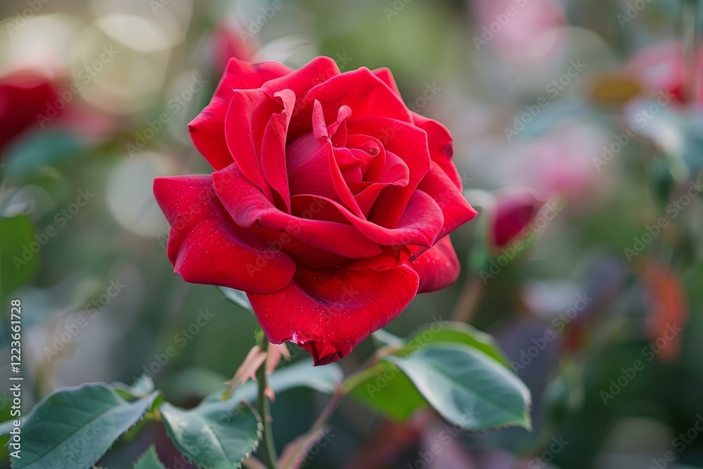 Blooming red rose flower growing in garden on sunny day Blooming red rose flower growing in garden on sunny day