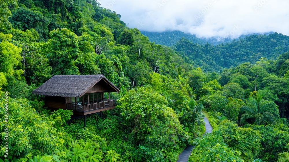 Jungle resort bungalow, hillside view, misty mountains, tranquil escape, travel brochure