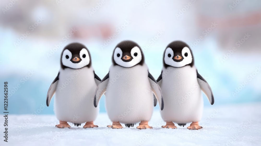 Obraz premium Three cute baby penguin chicks standing side by side on the snow in a bright polar landscape.