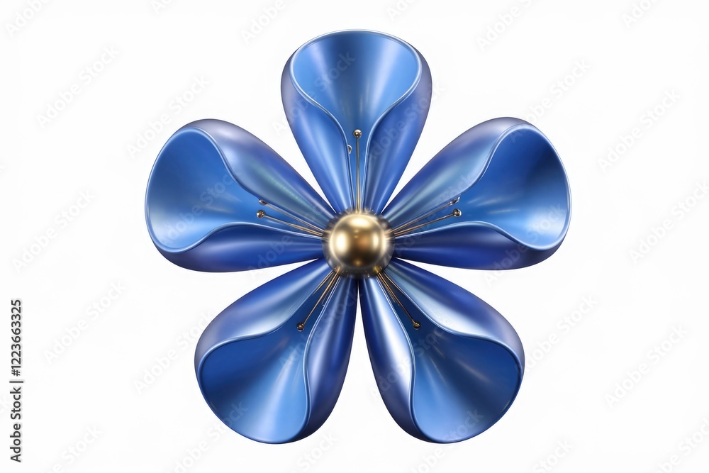 A stylized blue flower with a gold center, rendered in 3D. A stylized blue flower with a gold center, rendered in 3D.