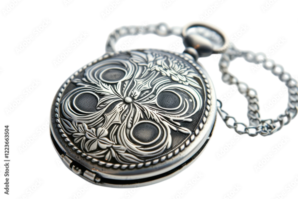 Obraz premium An intricately designed vintage pocket watch resting elegantly on a soft surface, showcasing its detailed floral engravings and delicate chain isolated on transparent background