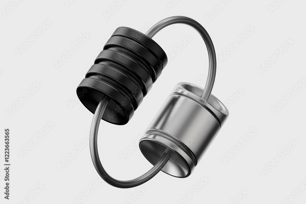 Two cylindrical objects connected by a cable, one black and one silver. Two cylindrical objects connected by a cable, one black and one silver.