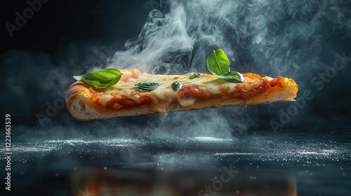 a steaming margherita pizza slice floating midair stretchy mozzarella creating elegant threads fresh basil leaves vibrant tomato sauce golden crust dramatic lighting photo