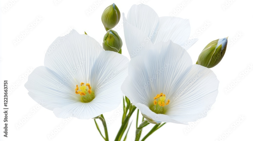 Delicate white flax flowers bloom on stems against a white background; ideal for floral design, greeting cards, or websites Delicate white flax flowers bloom on stems against a white background; ideal for floral design, greeting cards, or websites