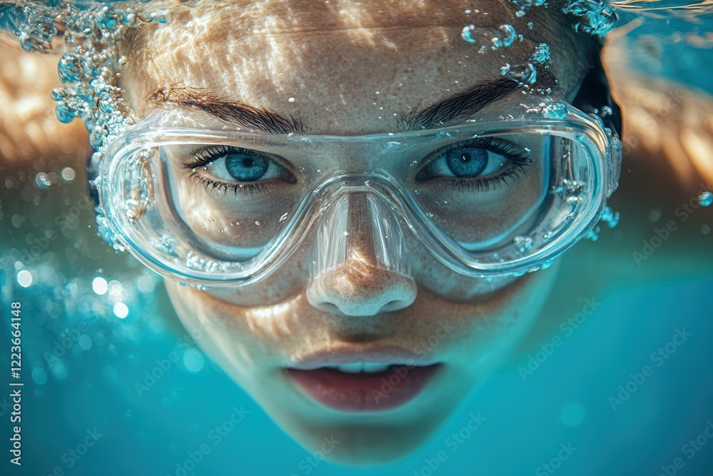 Naklejka premium Underwater Gaze, A woman with piercing blue eyes, wearing a diving mask, looks directly at the viewer from beneath the surface of the water. Her expression is both intriguing and alluring.