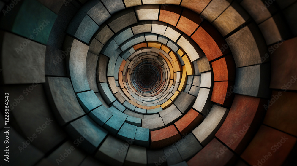Fototapeta premium Spiral tunnel with colorful stone blocks creates depth