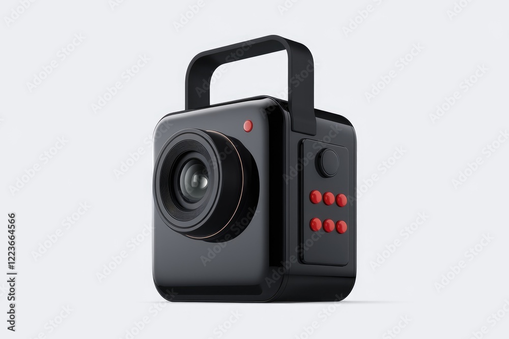 A black, squareshaped camera with a lens, handle, and red buttons.