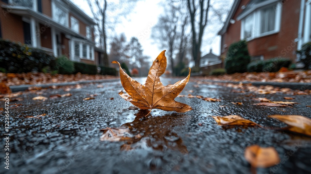 Autumn leaf on wet street, suburban houses background, rainy day, fall scenery Autumn leaf on wet street, suburban houses background, rainy day, fall scenery