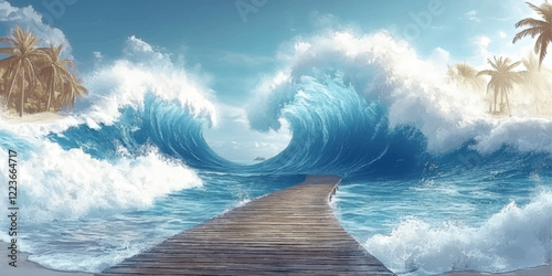 Majestic Ocean Waves Crashing on a Serene Beach with Palm Trees and Wooden Dock | Stunning Tropical Seascape Vector Art for Relaxation and Adventure