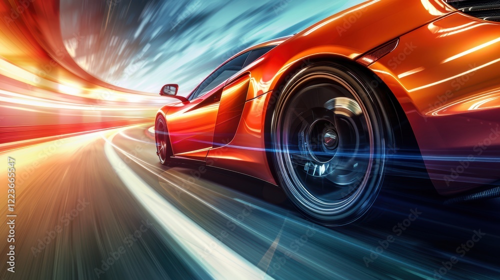 Sleek Sports Car on Highway with Motion Blur Emphasizing Speed and Performance Sleek Sports Car on Highway with Motion Blur Emphasizing Speed and Performance