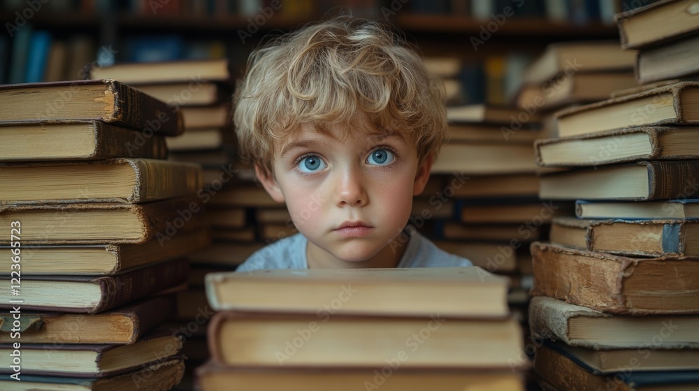 Child immersed in books at the library. Generative AI Child immersed in books at the library. Generative AI