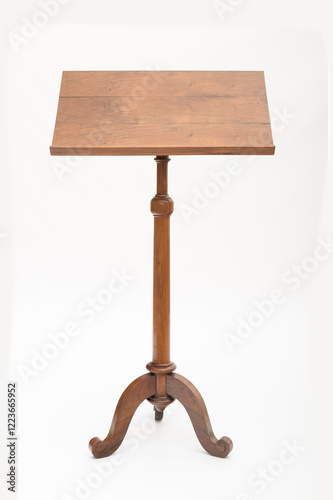 Vintage Wooden Lectern and Orchestra Stand with Adjustable Tilt-Top Surface Isolated on White Background