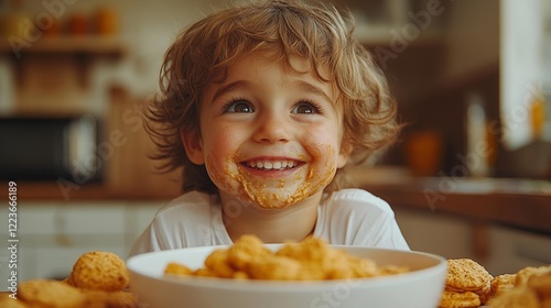 Child with a messy face after snack time smiling joyfully. Generative AI photo