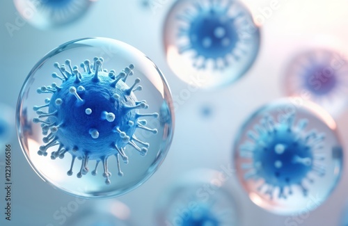 Medical illustration shows virus cells in transparent spheres. Blue virus cells detailed with spikes. Biological research virology concept. Modern scientific study. Medical tech. Microscopic view of photo