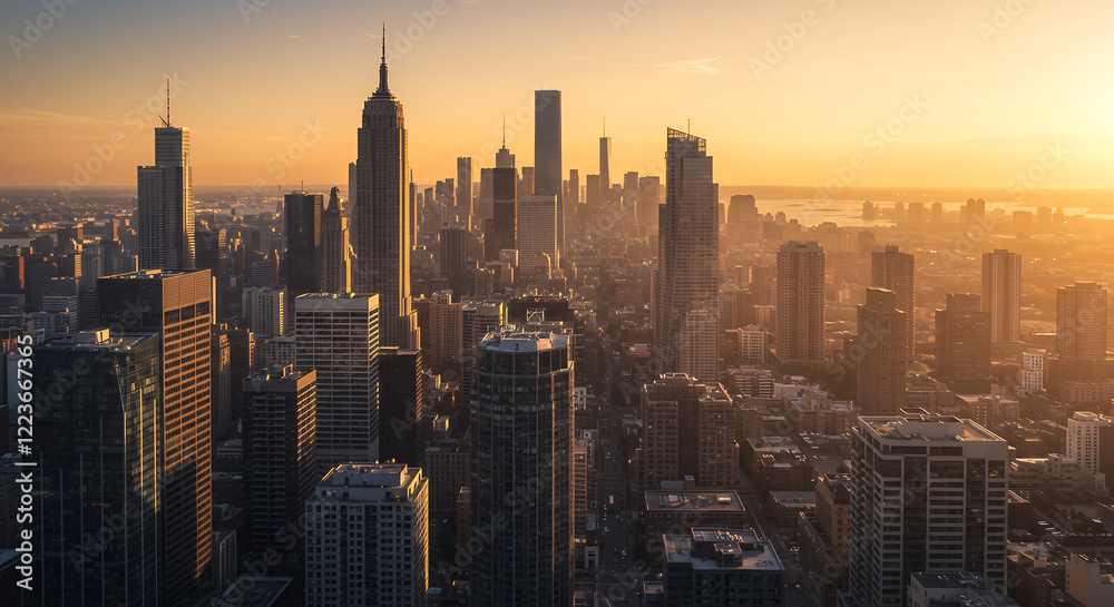 Fototapeta premium Golden Hour Manhattan Skyline: Breathtaking Aerial View of New York City at Sunset