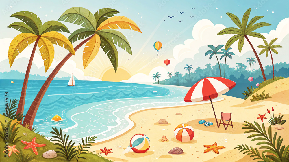 Obraz premium Tropical Beach Scene with Sunset and Activities