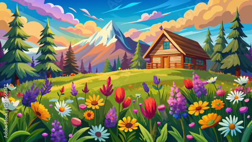 Vibrant wildflowers blooming in a meadow near a rustic wooden cabin on a cloudy day