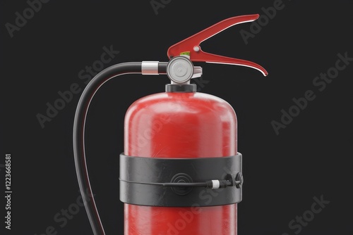 A red fire extinguisher with a black handle and hose. photo