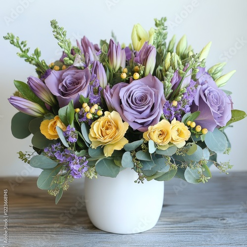 Wallpaper Mural elegant bouquet of purple flowers with bright yellow accents placed on wooden table Torontodigital.ca