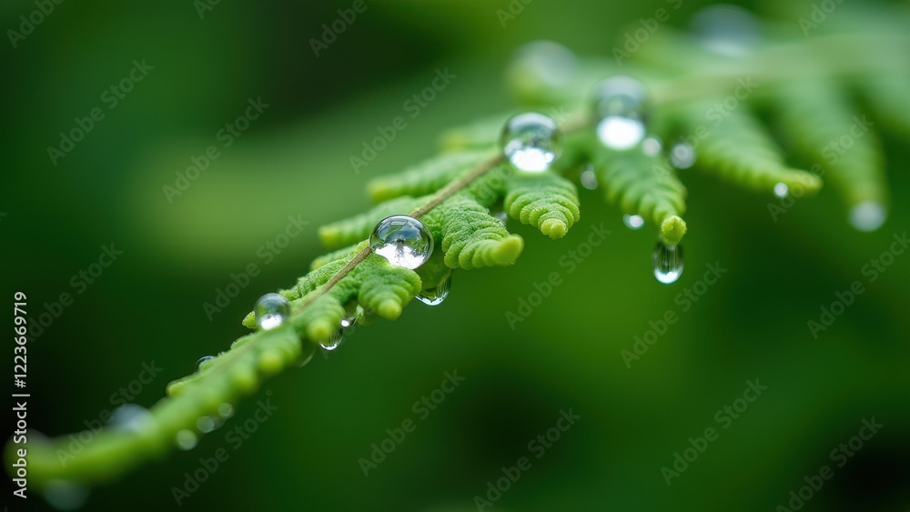 Macro photography of a green fern leaf with dew drops and natural reflections Macro photography of a green fern leaf with dew drops and natural reflections