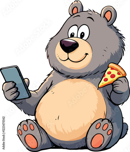 Cartoon bear using smartphone and eating pizza