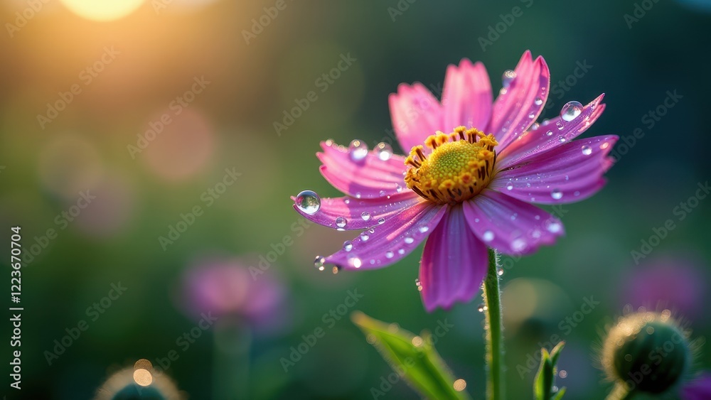 Macro photography of an orange flower with dew drops and sunlight reflections Macro photography of an orange flower with dew drops and sunlight reflections