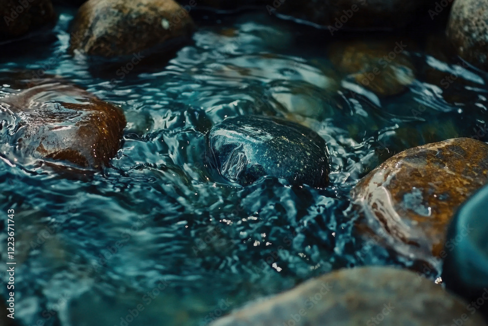 Fototapeta premium Rippling water flowing over colorful pebbles under soft natural light.